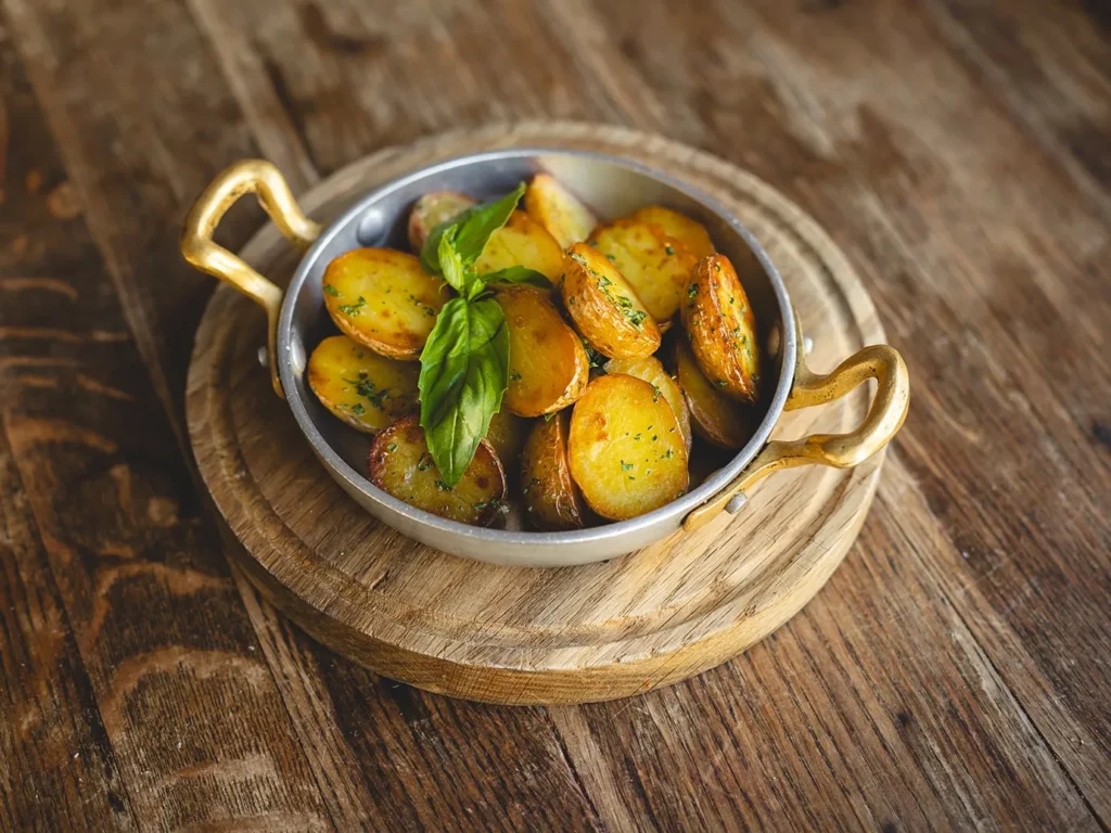 Молода картопля по-селянськи на сковороді з часником та курячим філе