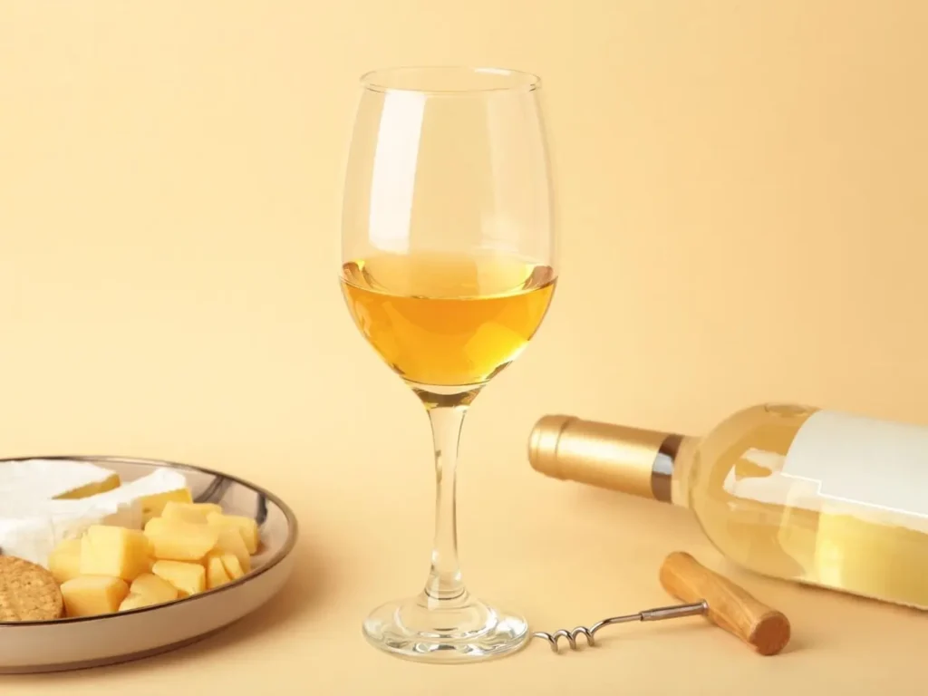 Біле безалкогольне вино у келиху і пляшці