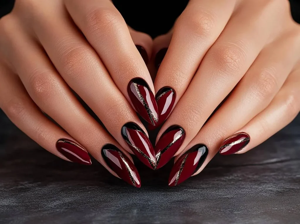 Червоний манікюр з геометричним малюнком