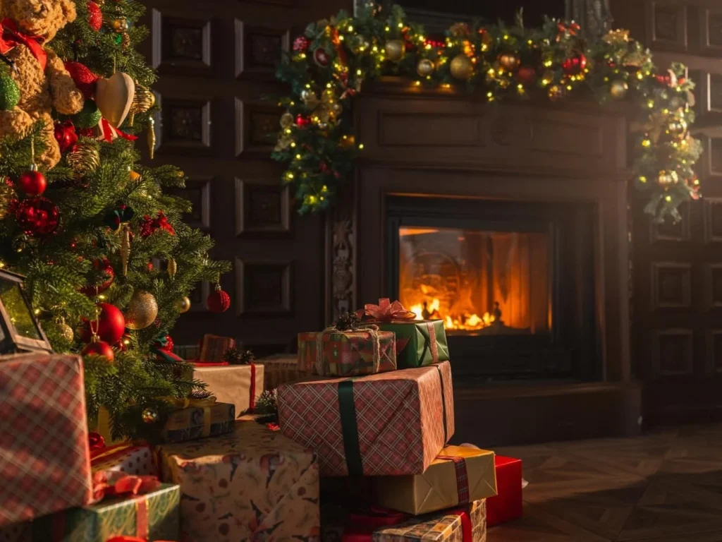 Картинка з новорічними подарунками для вітання з прийдешнім Різдвом та Новим роком